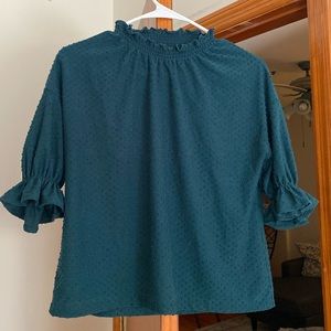 Madewell Teal Blouse with Textured Polka Dots